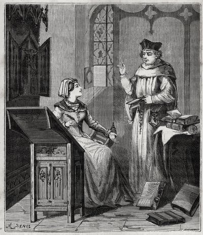 Matthieu Lansbert (Lansberg, Lansbergh, Laensberg vagy Laensbergh) (15.-16. század) et sa unokahúga - Metszet „Mindenki számára elérhetővé tett tudományok – fizika és kémia” című könyvbe, Alexis Clerc - 19. század vége - Magángyűjtemény alkotó: French School