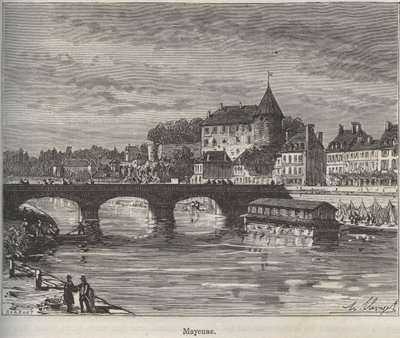 Mayenne település Nyugat-Franciaországban, Pays de la Loire régióban. V.-A. „La France illustree: geographia, történelem, közigazgatási statisztika” vésése. Maláta-barna. 1884 alkotó: French School