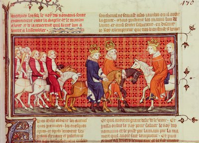 Találkozó V. Károly (1338-80) francia és IV. Károly római császár (1316-78) között, a rómaiak királya kíséretében, a Grandes Chroniques de France-ból alkotó: French School