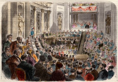 A Francia Akadémia ülése 1868. április 23-án. Monsieur Jules Favre (1809-1880) francia politikus fogadása. Metszet a „L