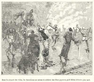 A Basaoche, a jogi hivatalnokok céhe tagjai fesztivált ünnepelnek egy középkori francia város utcáin (metszet) alkotó: French School