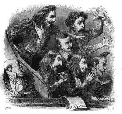 A romantikus irodalmi mozgalom tagjai Victor Hugo „Hernani” (1802-1885) című darabjának első bemutatóján a párizsi Comedie Francaise-ben, február 25-én. alkotó: French School