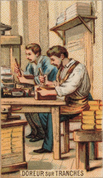 Férfiak könyvek aranyozása arannyal (chromolitho) alkotó: French School
