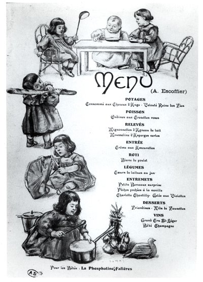 Menü, amelyet Auguste Escoffier (1846-1935) készített a Gyermekek és csecsemők számára, c. 1900 alkotó: French School