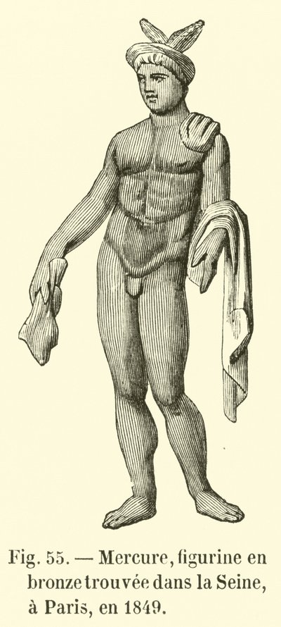 Merkúr, bronzfigura, amelyet 1849-ben találtak a Szajnában Párizsban (metszet). alkotó: French School