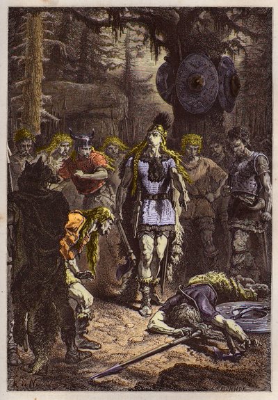 Merovingiens: Clovis 1er lelövi a katonát, aki összetörte Soissons vázát, en 486 - Clovis (465-511) és a frank harcos, aki összetörte Soissons vázát 486-ban - metszet a „” L