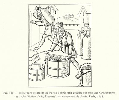 párizsi gabonamérők; egy fametszet a párizsi Ordannances de la Jurisdiction de la Prevoste des Marchands de Paris-ból alkotó: French School