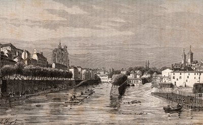 Metz – kilátás a Saint-Georges kikötőre – Moselle – V.A. Malt-Brown „La France illustrée: földrajz, történelem, statisztikai igazgatás” című metszete. 1884 alkotó: French School