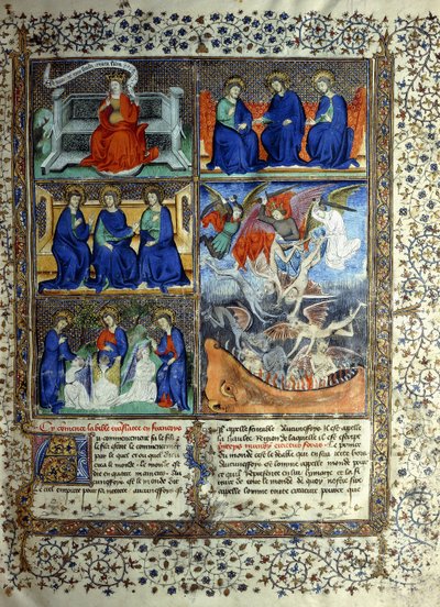 A mennyek országát ábrázoló miniatúra a teremtés előtt: Sapientia, a Szentháromság és Lucifer kiűzése a mennyből, 1410 körül alkotó: French School