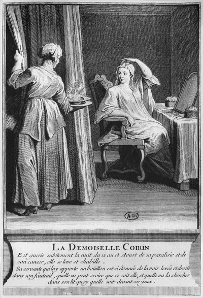 Demoiselle Coirin bénultságának és rákjának csodálatos gyógyulása Francois de Paris diakónus sírján a párizsi Saint-Medard temetőben, illusztráció a La verite des miracles de M-ből alkotó: French School
