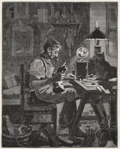Modern Appication a Pila Vitrea cipészétől. Vízzel teli üveggömb, amelyet az ember és az általa szemléltetett tárgy közé kell helyezni, hogy kinagyítsa és láthatóbbá tegye. Metszet 1885-ből a „Les arts et metiers illustres” című könyvében, A. alkotó: French School