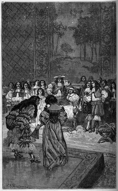Moliere és társulata XIV. Lajos király és Jules Mazarin bíboros (Giulio Raimondo Mazzarino vagy Mazarino) előtt játszott (1602-1661). Metszet a „The Illustrous World”-ben, 1886. alkotó: French School