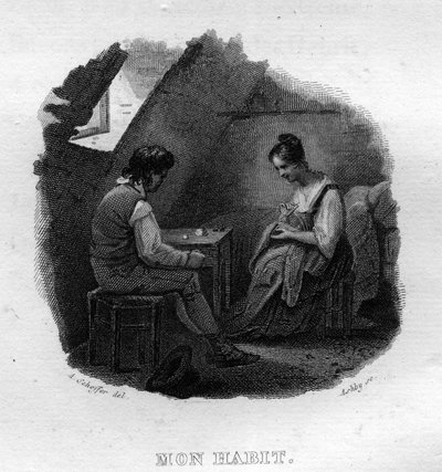 Mon habit Chanson de Beranger Pierre Jean de Beranger (1780-1857) francia költő és dalszerző „Az életmű befejeződik” című művében (1834). alkotó: French School