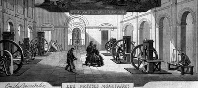 Pénzkeresés: vásároljon pénzpréseket. Metszet a „” Le Monde Illustré”” 145. számában, 1860. január 21. alkotó: French School