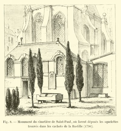 Emlékmű a Saint-Paul temetőben, ahol a Bastille kazamataiban talált csontvázakat helyezték el, 1790 alkotó: French School
