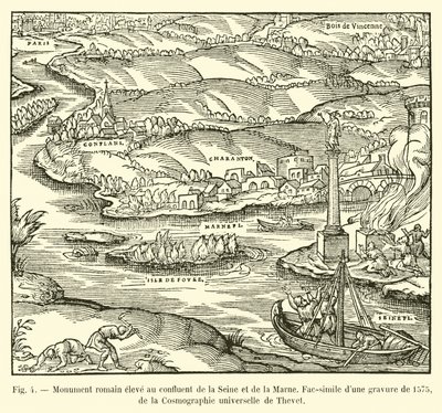 A Szajna és a Marne találkozásánál emelt római emlékmű, egy 1575-ös metszet fakszimile, Thevet Cosmographie universelle-ből alkotó: French School