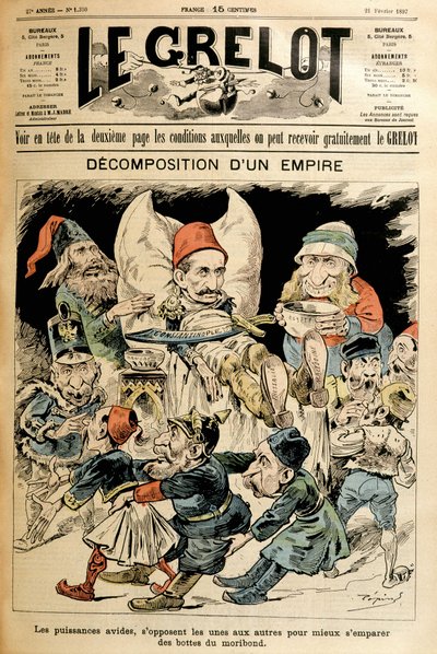A haldokló Törökország és a csizmáiért harcoló külföldi hatalmak, „” Le Grelot” címlap, 1897. 21. 2.. alkotó: French School