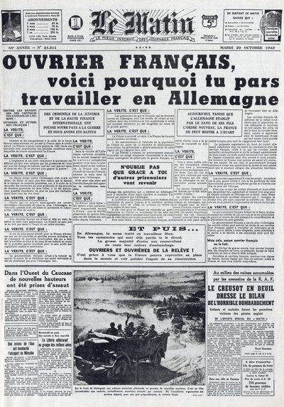 Morning Journal 21311, 1942. október 20.: The Sto – Kötelező Munkaszolgálat – Miért menjünk Németországba dolgozni? alkotó: French School