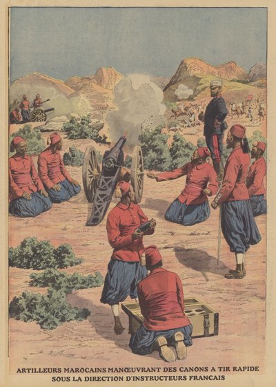 Marokkói tüzérek gyorstüzelő ágyúkkal francia katonai oktatók irányítása alatt (színes litho) alkotó: French School