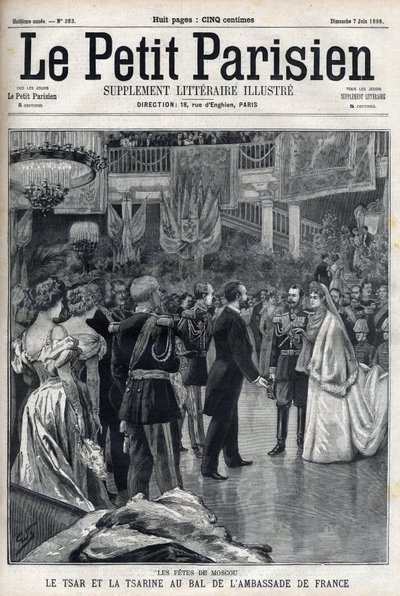 Moszkvai ünnepségek: II. Miklós orosz cár (1868-1918) és Alekszandra Fjodorovna Romanova cárnő (1872-1918) a francia nagykövetség bálján, a „Le petit Parisien” c. alkotó: French School