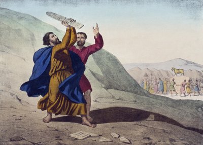 Mózes megszegi a törvény tábláit és az Aranyborjú imádását, illusztráció az LHistoire Sainte katekizmusból, Charles Delagrave kiadója, Párizs, 19. század vége alkotó: French School