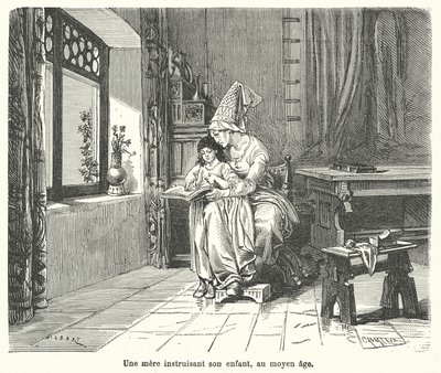 Anya tanítja gyermekét a középkorban (metszet) alkotó: French School