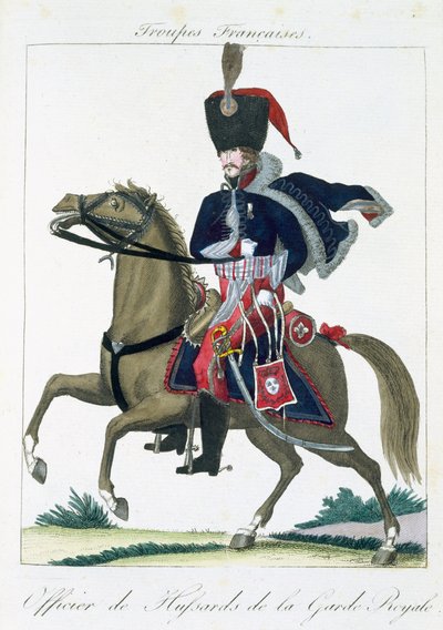 A királyi gárda huszárainak lovas tisztje, a Troupes Francaises-tól, kocsma. Chez Basset, Párizs, 1790 körül alkotó: French School