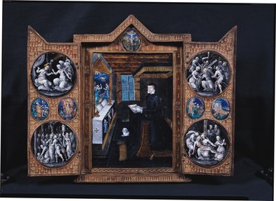 Gyászszekrény Krisztus életének jeleneteivel, II. Henrik (1519-59) és Katalin de Medici (1519-89) attribútumaival (zománc és fa) alkotó: French School