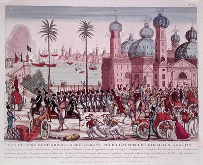 Csapatok mozgalma az angol hajók kikényszerítésére Konstantinápolyból, 1807. március 21. (színes metszet) alkotó: French School