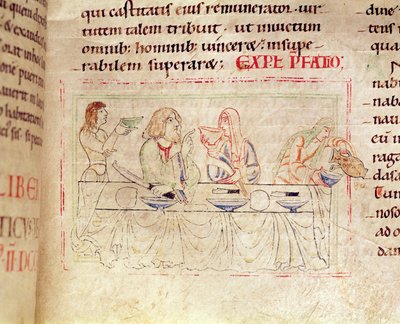 Ms.1215 t.3 fol.158v, Étkezés Judittal és Holofernesszel, Etienne Harding Bibliájából, 1109 alkotó: French School
