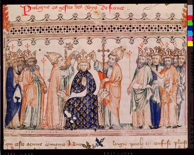 Ms.1469 f.1 III. Merész Fülöp (1245-85) francia király felszentelése, a Grandes Chroniques de France-ból, 1375-79 alkotó: French School
