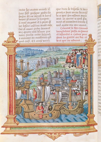 Ms.18 f.109v IV. Edward angol partraszállás Calais-ban, a Memoires de Philippe de Commines-ból alkotó: French School
