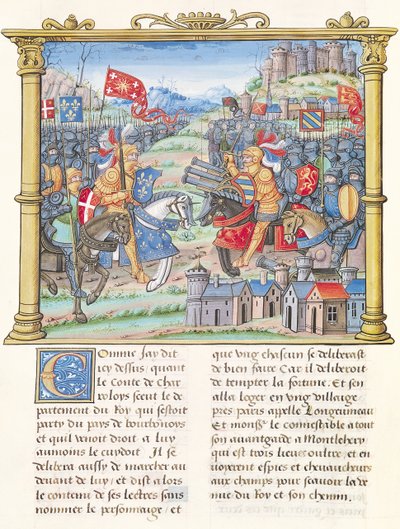 Ms.18 f.7v Montlhery-i csata a Jó Nyilvánosság Szövetségének háborúja során, 1465. július 14., Philippe of Commines (1445-1509) emlékirataiból alkotó: French School