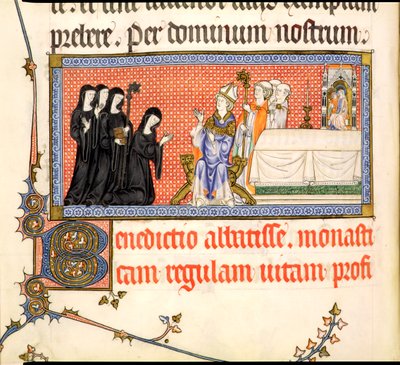 Ms.298 f82v Egy apátnő bemutatása, a metzi pápától, Raymond Barnak, Metz püspökének írva, 1302-16 alkotó: French School