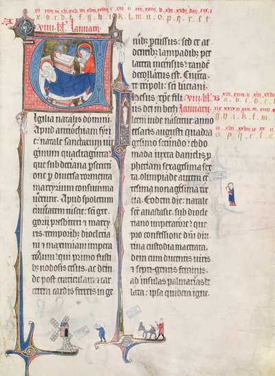 Ms.838 fol.55 Történeti „U” és „I” kezdőbetűk, amelyek a születést és a kisgyermek Krisztust ábrázolják, „Obituaire de Notre Dame de Pres”-ből, 1270 után (lásd még: 155905) alkotó: French School