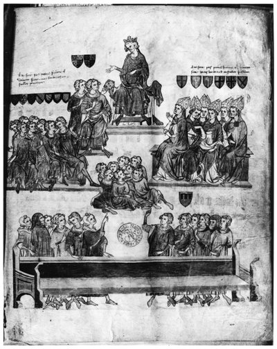 Ms. Fr. 18437 fol. 2 A Peers udvara, amelyet Philippe VI (1293-1350) elnökölt, Proces de Robert III dArtois (1287-1342) comte de Beaumont, 1336 (lásd még: 85900) alkotó: French School