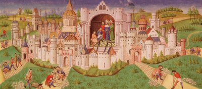 Ms. 0242 f.48v Kilátás a városra, munkásokkal, akik macskaköves utakat köveznek a városkapukhoz, miközben a király a kamrában áll, és diktál két írástudónak alkotó: French School
