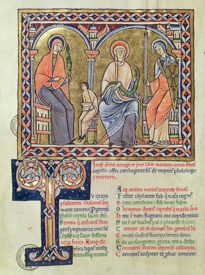 Ms 1041 f.1v Nyelvtan, dialektus és retorika a Satyriconból, Martianus Capella, 1200 körül alkotó: French School