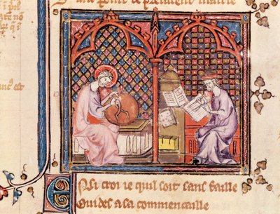 Ms 1044 Fol.16v A szó, a világ teremtője és a könyvét író szerző, Ovide Moralise-ból, írta Chretien Legouais alkotó: French School