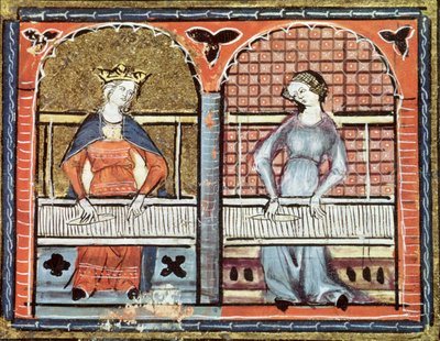 Ms 1044 fol.89v Women Weaving, Ovide Moralise, írta: Chretien Legouais alkotó: French School