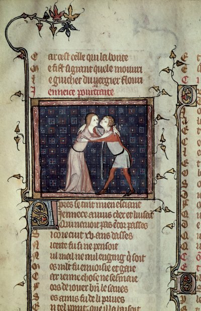 Ms 1126 fol.8r Youth and Love Embracing, a Le Roman de la Rose-ból, Guillaume de Loris és Jean de Meung alkotó: French School