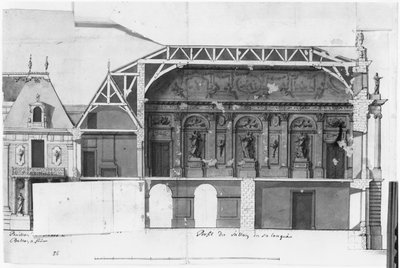 Ms 130736 A Grand Salon és a Salle de Diane a Versailles-i kastély dél-északi keresztmetszete, amelyet Louis Le Vau épített (1612-70) (wc papíron) alkotó: French School
