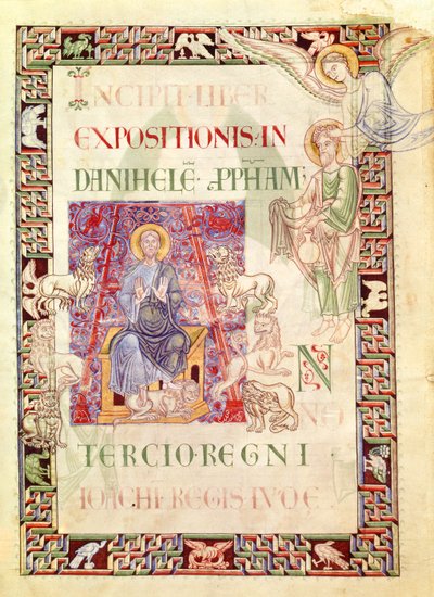 Ms 132 f.2v Daniel a Habakuk által táplált oroszlánok odújában, Szent Jeromos Prophetas és Ecclesiasten magyarázatából alkotó: French School