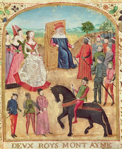 Ms 1335 f.1 Yorki Margitot bemutatják leendő férjének, Merész Károlynak 1468. június 27-én Damme-ban alkotó: French School