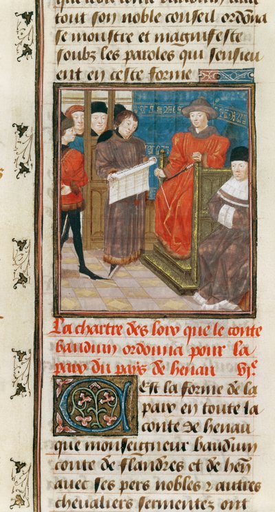 Ms. 149t.3 fol.175 v A Hainault-i Baudouin VI. gróf által Hainault országának békéjéért elrendelő törvények chartája alkotó: French School