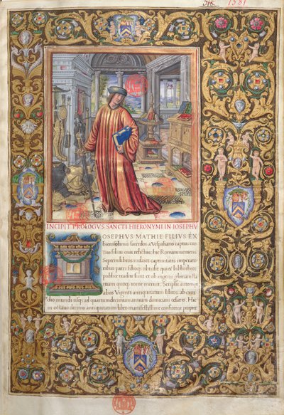Ms. 1581 f. 001 Flavius Josephus tanulmányában, illusztráció a zsidók régiségei (Antiquitates Judaicae) prológusához, Flavius Josephus, 1503 körül alkotó: French School