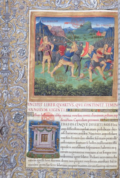 Ms. 1581 f. 071 Illusztráció a IV. könyvből (A nemzedék elutasításától Mózes haláláig), Flavius Josephus A zsidók régiségei (Antiquitates Judaicae) 1. fejezete - Harc alkotó: French School