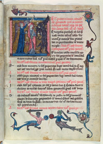 Ms 16261 fol.13v St. Genevieve, aki egy démonnal küzd egy angyal segítségével, a Censier de lAbbaye Sainte-Genevieve alkotó: French School