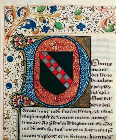 Ms 167 fol.69 Történelmi „D” kezdőbetű, amely a Clairvaux család címerét ábrázolja, Sevillai Szent Izidor „Etymologiae” című művéből alkotó: French School