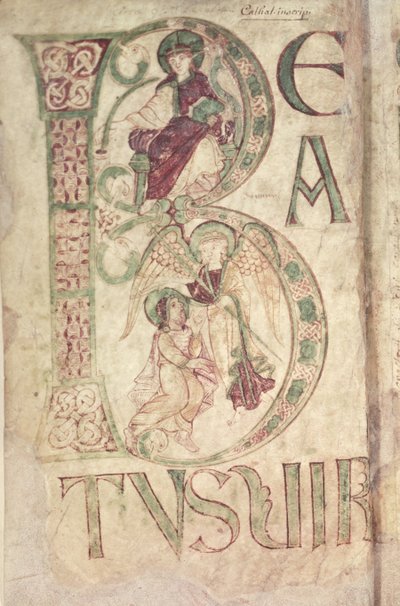 Ms 18 f.1v Történelmi kezdetű B, amely Szent János evangélistát és egy angyalt ábrázol, Corbie zsoltárából alkotó: French School